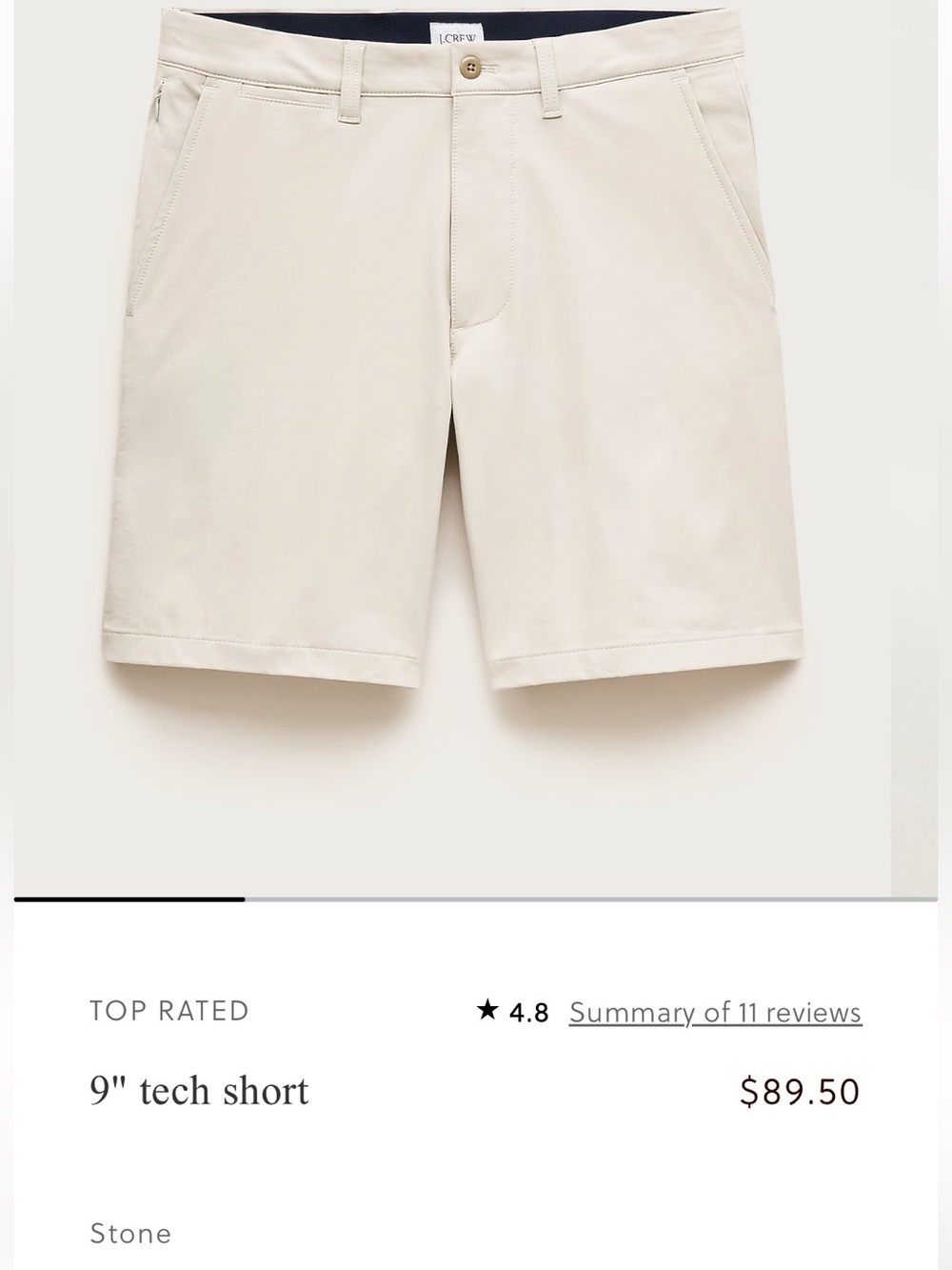 J. Crew Men's Flat-Front Tech Short in Stone  waist 29  length 9 inch
